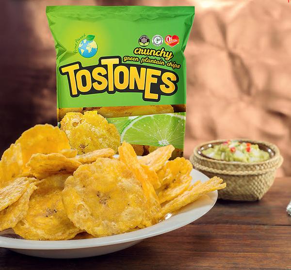 tostones green plantain chips bag with a plate of tostones chips