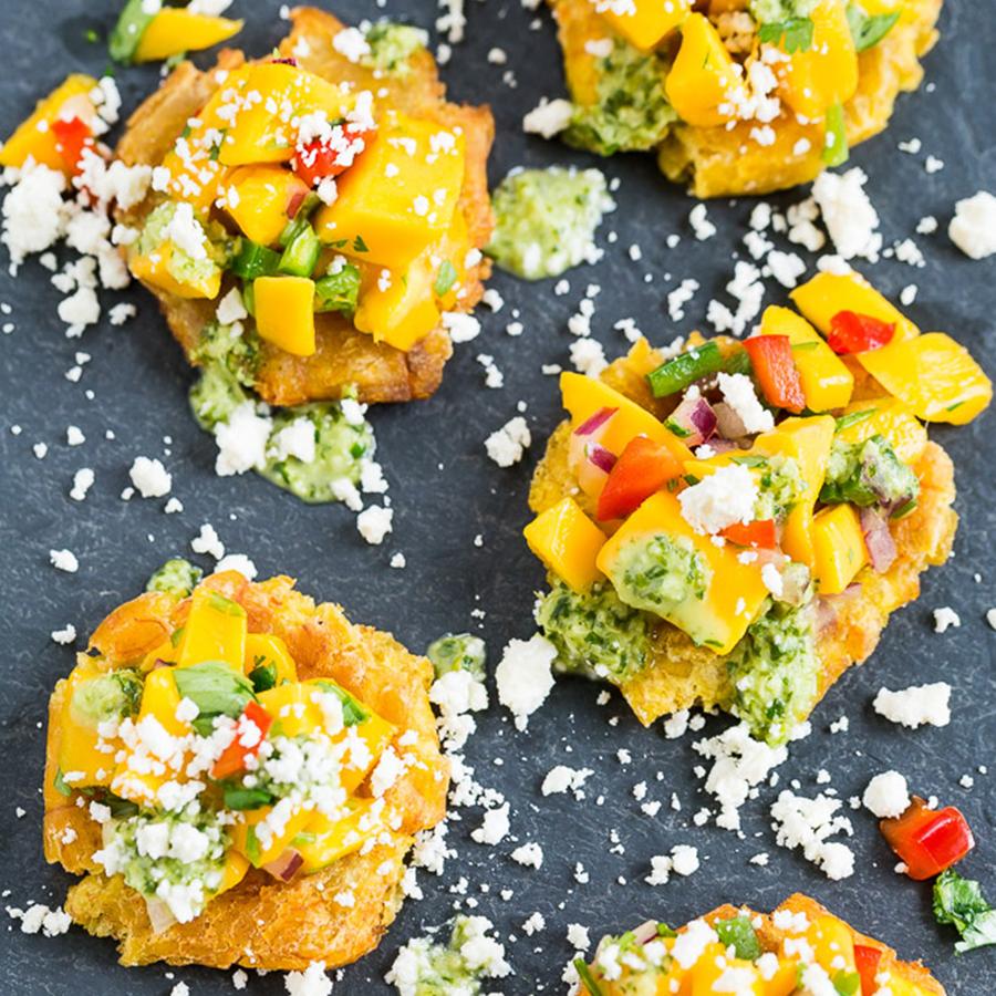 tostones with mango salsa and cilantro chimichurri